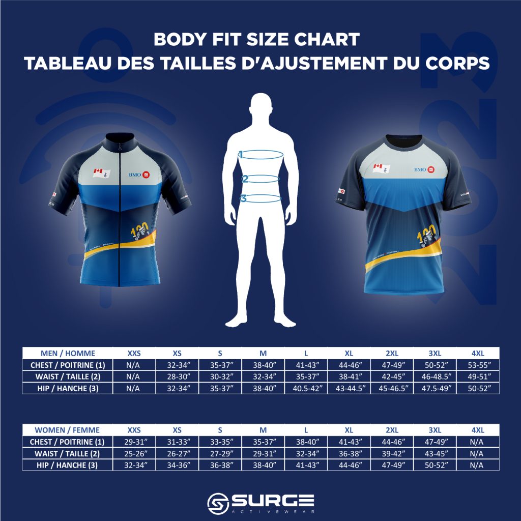 2023 Navy Bike Ride jerseys sizing chart | Tableau des tailles du maillot du Défi-vélo de la Marine 2023